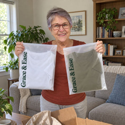 A customer with her Grace & Ease t-shirts